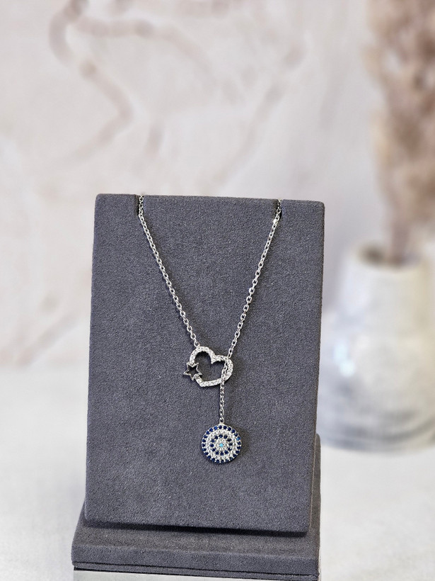 زنجیر نقره با پلاک متصل طرح قلب با آویز چشم نظر دایره ای